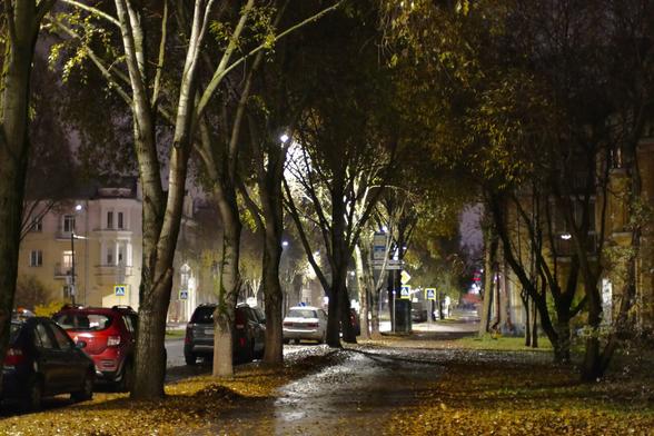 Autumn evening at vulica Alieha Kašavoha in Minsk, Belarus.
