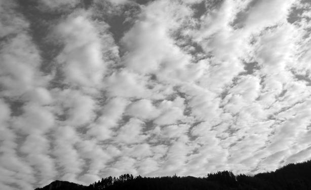 Fotografía en blanco y negro de un cielo lleno de nubes