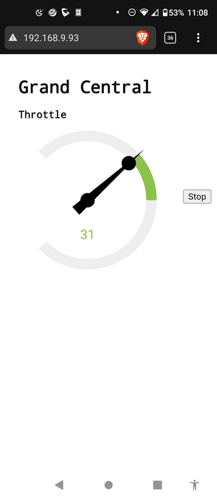 A simple web page in a mobile browser, titled "Grand Central". Below that is a circular slider labelled "Throttle", made to look like a train driver's power control lever. This controls both the speed and direction of the train. 

To the right of the slider is a 'stop' button that returns the slider to zero.

The web page is loaded from the microSD card attached to the esp32, and JavaScript on the page calls back to the esp32 when the slider's position is changed.

If the page is reloaded, there is some JavaScript that gets the currently set value from the controller, and then sets the position of the slider. This value is also saved in the non-volatile memory of the esp32, so it persists through reboots.