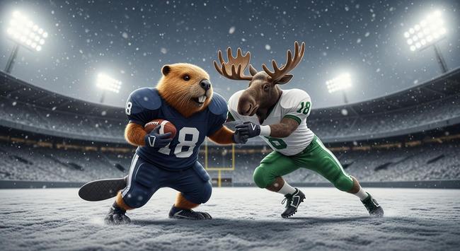 Beaver (Navy) vs. Moose (Green/White): “Photorealistic image from the sideline of a cute beaver in a dark navy football uniform, clutching the football and dodging a tackle from a cute moose in a white and green football uniform. Other animal (beaver & moose) players from the respective teams are also involved in the play on the field. They are on a snow-dusted football field in a Winnipeg stadium. It’s 6 PM in mid-November, dusk, with bright stadium lights illuminating falling light snow. Dynamic action, high detail.”