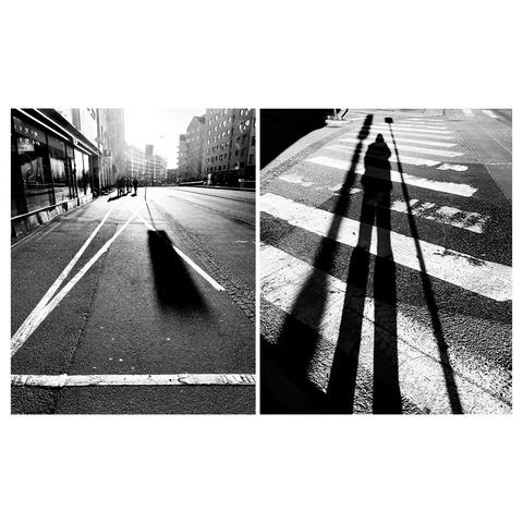 A diptych showing sunlit street scenes with shadows in November. The left side features a street view photographed against the sun with some pedestrians and a traffic sign casting a long shadow, while the right shows long shadows across a crosswalk.