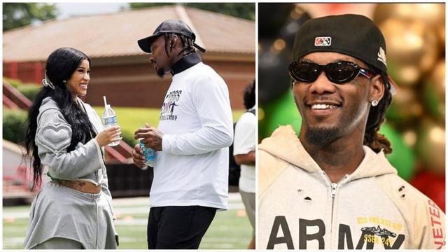 Side-by-side images showing Cardi B smiling and holding a water bottle while talking with NFL player Stefon Diggs on a football field, and a separate photo of Offset wearing sunglasses and smiling.