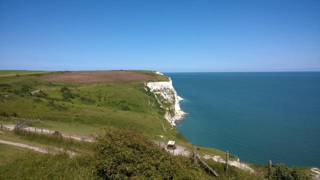 A steep white cliff edge meets the calm blue sea under a clear sky, with rolling green fields stretching inland. Dirt paths weave through the grassy slopes, connecting small bushes and patches of open land. The terrain transitions from vibrant green to a brown, more barren section further back. A few wooden fences and a gravel path line the foreground, where a small white structure sits near the cliff’s edge. The ocean extends to the horizon, where faint outlines of distant vessels dot the water.