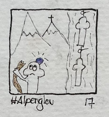 A cartoon-style drawing featuring a character holding the end of a rope, looking up at the rope or sky in agony while a big lilac bump shows up on its head. The background includes mountains and some characters rope climbing next to him. The image is labeled with the hashtag #Alpenglow 17.