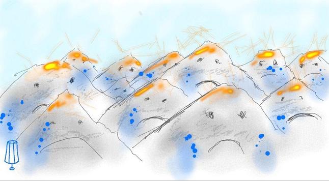 Zeichnung, digital:  Berge, die oben orange glühen , schön schwitzen und einen traurigen Gesichtsausdruck haben.