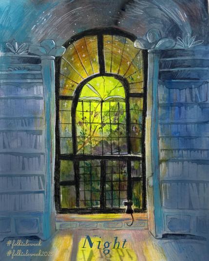 A whimsical illustration featuring a tall window with a stained glass design, casting a bright neon like glow. The interior includes bookshelves on either side and a small black mouse sitting by the window. The scene is set in a dimly lit room with a starry sky. The stars reach into the library