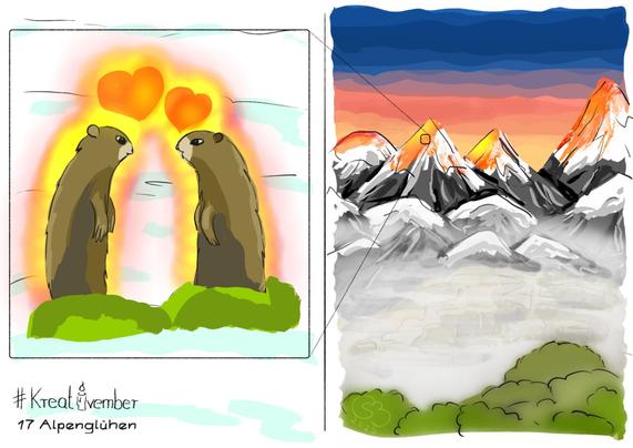 Farbige digitale Zeichnung. Das Bild ist in der Mitte senkrecht geteilt. Im rechten Teil ist farbig eine Hochgebirgslandschaft skizziert. Die Bergspitzen 'glühen' in Rottönen. Im linken Teil des Bildes sieht man den Zoom auf ein kleines Viereck auf einer 'glühenden' Bergspitze. Dargestellt sind zwei einander gegenüber stehende Murmeltiere, die 'Männchen' machen. Über den Murmeltieren zwei rote leuchtende Herzen. Die Murmeltiere sind von einem rot-gelben Leuchten umgeben.