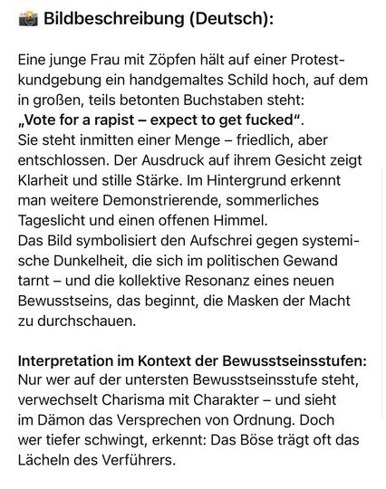 Bildbeschreibung (Deutsch):
Eine junge Frau mit Zöpfen hält auf einer Protestkundgebung ein handgemaltes Schild hoch, auf dem in großen, teils betonten Buchstaben steht:
„Vote for a rapist - expect to get fucked" Sie steht inmitten einer Menge - friedlich, aber entschlossen. Der Ausdruck auf ihrem Gesicht zeigt Klarheit und stille Stärke. Im Hintergrund erkennt man weitere Demonstrierende, sommerliches Tageslicht und einen offenen Himmel.
Das Bild symbolisiert den Aufschrei gegen systemi-sche Dunkelheit, die sich im politischen Gewand tarnt - und die kollektive Resonanz eines neuen Bewusstseins, das beginnt, die Masken der Macht zu durchschauen.
Interpretation im Kontext der Bewusstseinsstufen:
Nur wer auf der untersten Bewusstseinsstufe steht, verwechselt Charisma mit Charakter - und sieht im Dämon das Versprechen von Ordnung. Doch wer tiefer schwingt, erkennt: Das Böse trägt oft das Lächeln des Verführers.🖖