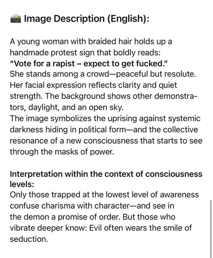 Image Description (English):
A young woman with braided hair holds up a handmade protest sign that boldly reads:
"Vote for a rapist - expect to get fucked."
She stands among a crowd—peaceful but resolute.
Her facial expression reflects clarity and quiet strength. The background shows other demonstra-tors, daylight, and an open sky.
The image symbolizes the uprising against systemic darkness hiding in political form—and the collective resonance of a new consciousness that starts to see through the masks of power.
Interpretation within the context of consciousness levels:
Only those trapped at the lowest level of awareness confuse charisma with character-and see in the demon a promise of order. But those who vibrate deeper know: Evil often wears the smile of seduction.🖖