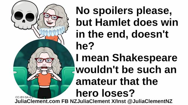 Julia in an Elizabethan ruff holds up a skull. Another comedian with a concerned looks is standing in front of theatre seats. Text: No spoilers please, but Hamlet does win in the end, doesn't he? I mean Shakespeare wouldn't be such an amateur that the hero loses?