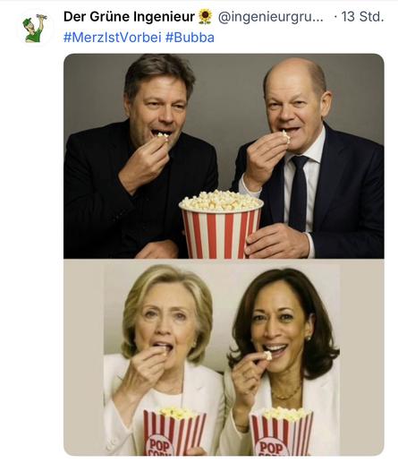 Bildbeschreibung (Deutsch)
Das Bild zeigt zwei übereinander angeordnete
Szenen: In beiden sitzen jeweils zwei hochrangige politische Akteure lässig nebeneinander und essen Popcorn, als würden sie ein erwartbares politisches Schauspiel beobachten. Die obere Szene zeigt zwei europäische Spitzenpolitiker in formeller Kleidung vor neutralem Hintergrund, die untere zwei amerikanische Politikerinnen in hellen Outfits, ebenfalls lachelnd mit Popcorn in der Hand. Die Gesamtkomposition vermittelt den Eindruck, dass das politische Establishment - international und parteiubergreifend - entspannt zuschaut, wie sich
ein Systemwandel anbahnt.
Image Description (English)
The image consists of two stacked scenes: Each shows two high-ranking political figures casually sitting side by side, eating popcorn as if watching an unfolding political drama. The top scene features two European leaders in formal attire against a neutral background, while the bottom scene shows two American female politicians in light-colored outfits, smiling with popcorn in hand. The combined composition suggests that the political establishment - across countries and parties - is observing the emerging system shift with relaxed amusement.🖖