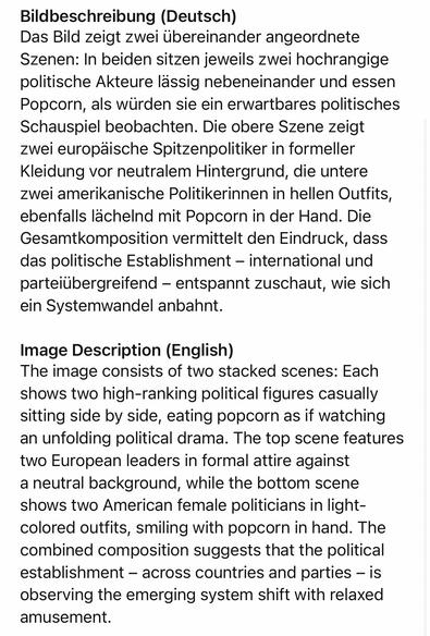 Bildbeschreibung (Deutsch)
Das Bild zeigt zwei übereinander angeordnete
Szenen: In beiden sitzen jeweils zwei hochrangige politische Akteure lässig nebeneinander und essen Popcorn, als würden sie ein erwartbares politisches Schauspiel beobachten. Die obere Szene zeigt zwei europäische Spitzenpolitiker in formeller Kleidung vor neutralem Hintergrund, die untere zwei amerikanische Politikerinnen in hellen Outfits, ebenfalls lachelnd mit Popcorn in der Hand. Die Gesamtkomposition vermittelt den Eindruck, dass das politische Establishment - international und parteiubergreifend - entspannt zuschaut, wie sich
ein Systemwandel anbahnt.
Image Description (English)
The image consists of two stacked scenes: Each shows two high-ranking political figures casually sitting side by side, eating popcorn as if watching an unfolding political drama. The top scene features two European leaders in formal attire against a neutral background, while the bottom scene shows two American female politicians in light-colored outfits, smiling with popcorn in hand. The combined composition suggests that the political establishment - across countries and parties - is observing the emerging system shift with relaxed amusement.🖖