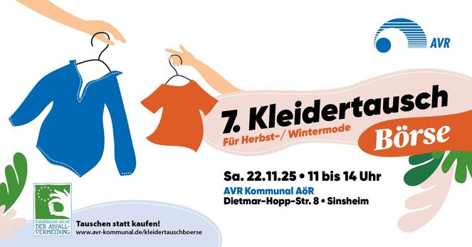 Banner zur 7. Kleidertauschbörse, 22.11.2025, 11-14 Uhr, AVR Kommunal Sinsheim, Dietmar-Hopp-Straße 8