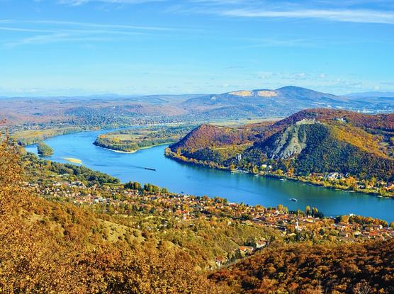 The castle of visegrad above the danube seen from the julianus observation tower in october, hungary