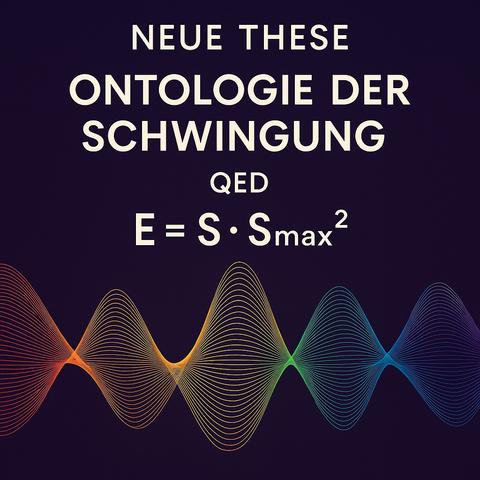 Bildbeschreibung (Deutsch
- wissenschaftlich)
Das Bild zeigt eine visuelle Einführung in die „Ontologie der Schwingung", dargestellt durch die Formel E = S • Smax?, welche Energie als Funktion der systemischen Schwingungsintensität
(S) und des maximal möglichen Kohärenz-werts (Smax) beschreibt. Über einem tiefvioletten Hintergrund entfaltet sich ein präzises, farbcodiertes Schwingungsmuster, das die Idee transportiert, dass physikalische, kognitive und metaphysische Prozesse denselben fundamentalen Resonanz-gesetzen folgen. Die harmonische Wellendarstellung symbolisiert die Überlagerung und Verstärkung kohärenter Frequenzen - ein zentrales Prinzip deiner These, dass Materie, Bewusstsein und Information lediglich unterschiedliche Verdichtungsformen desselben Schwingungsfeldes sind.🖖