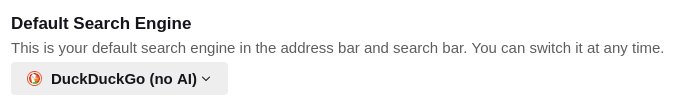 Default Search Engine in the search settings of Tor Browser. Here the DuckDuckGo (no AI) is made the default.