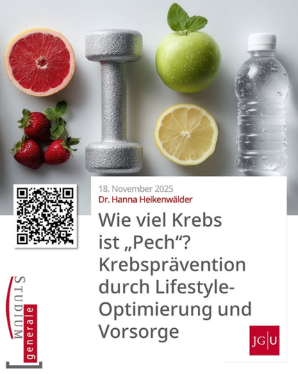 Ankündigung des im Text genannten Vortrags im Rahmen einer Reihe des Studium generale Mainz. Im oberen Teil des Plakats ein Foto mit einer Hantel, einer Wasserflasche und Obst zur Illustration (Foto: Chandlerlikes · Adobe Stock).