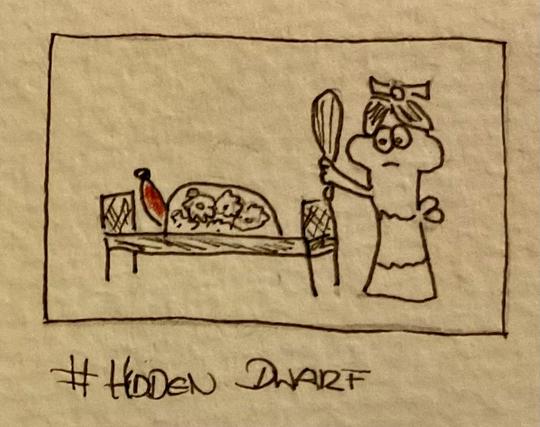 A simple drawing depicts a character holding a large spoon or paddle, looking serious. In the background, there's a table with covered food and another item next to it. The caption "#HIDDEN_DWARF" is written below the image.