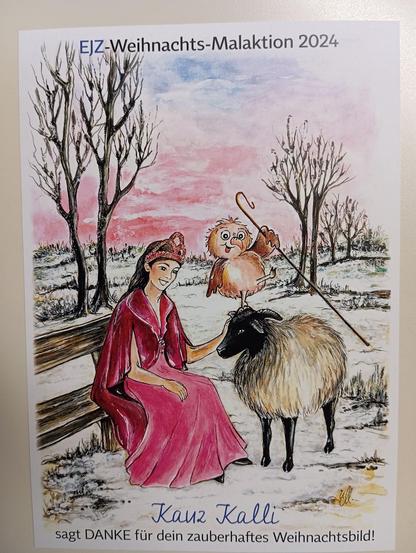 Illustration einer Frau in rotem Kleid, die einem kleinen, braunen Wesen auf den Schultern eines Schafes gegenübersteht. Hintergrund sind kahle Bäume und eine verschneite Landschaft.