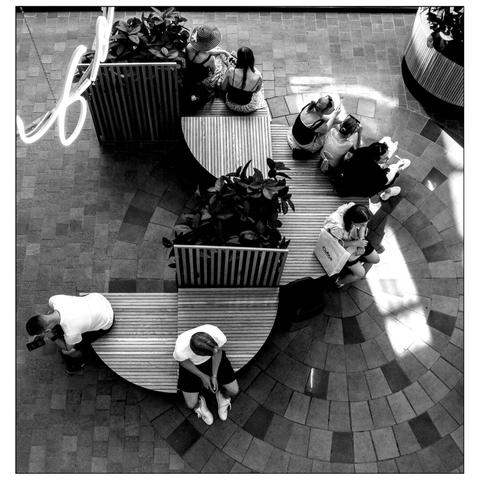 The same situation, with a slightly tighter, near square crop, this time on the bench on the right ther are four people sitting. (draft by mistral.ai, revised by author)