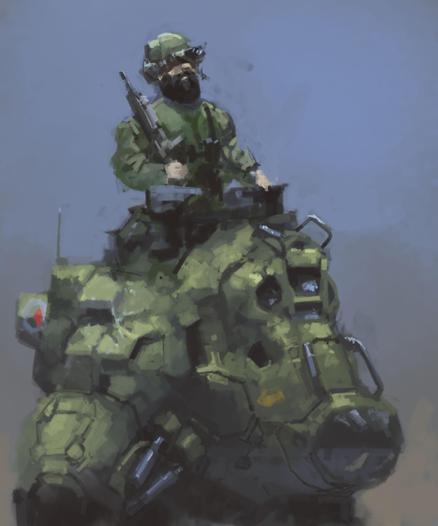 Digital painting of soldier with hi-tech googles, standing outside a hatch of a small mecha