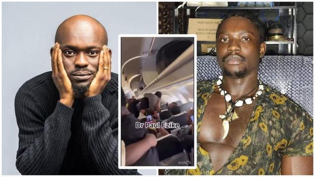 A collage featuring Nigerian social commentators Very Dark Man and Mr Jollof. On the left is Very Dark Man wearing a black sweater with his hands on his face. In the middle is a blurry screenshot from a plane cabin showing a physical altercation between two men. On the right is Mr Jollof wearing a patterned shirt and shell necklaces while seated indoors.