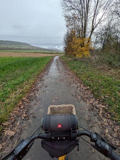 Mit dem Fahrrad unterwegs auf nassem und dreckigem Radweg