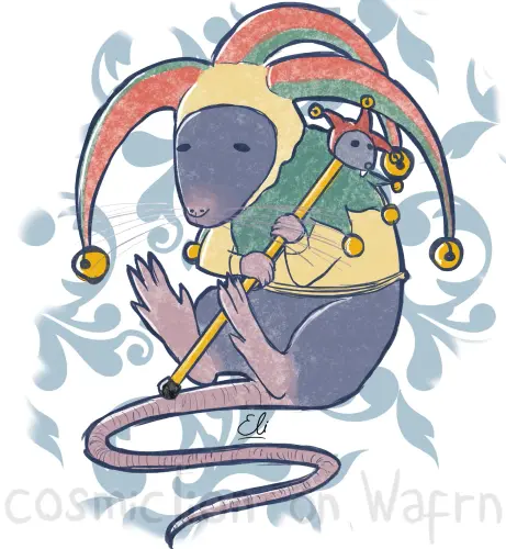 Digital flat color illustration of a grey rat. It is wearing an orange, yellow and green harlequin suit and holding a cane with a miniature rat head with a red harlequin hat on the top. The backgroun is white with a pattern of grey swirls.