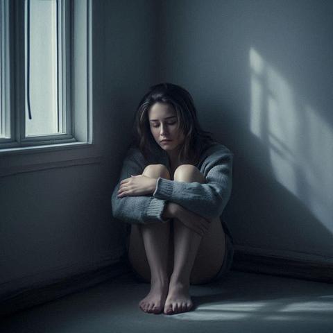 La imagen muestra a una mujer joven sentada en el suelo en el rincón de una habitación.
Sujeto: La mujer está sentada con las rodillas recogidas contra su pecho, con los brazos cruzados sobre sus piernas en una postura de autoconsuelo o angustia. Su cabeza está inclinada hacia abajo, con los ojos cerrados, lo que sugiere tristeza, soledad o introspección. Lleva un suéter de punto de color gris o azul claro y parece estar descalza.
Ambiente: La habitación tiene paredes lisas de un color gris o blanco apagado. Hay una ventana en la pared izquierda, y la luz natural que entra por ella crea un fuerte contraste de luces y sombras. Una franja de luz brillante cae sobre parte del suelo y la pared derecha, mientras que la mujer y el resto del rincón están sumidos en una penumbra suave y sombría.
Tono: La iluminación dramática y la postura de la mujer le dan a la imagen un tono melancólico, sombrío y emotivo, transmitiendo una sensación de aislamiento o vulnerabilidad.