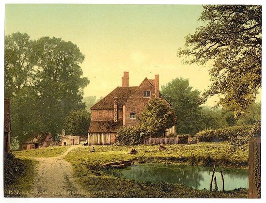This image depicts a picturesque countryside scene featuring a traditional English farmhouse with timber framing and thatched roof. The house is surrounded by lush greenery, including mature trees and well-maintained bushes. A narrow path leads up to the entrance of the house, flanked on one side by a small outbuilding, possibly used for storage or as a workspace.

In front of the main farmhouse are several smaller structures with thatched roofs, likely serving various functions such as stables or utility buildings. The landscape is dotted with animals; two dogs can be seen in the grass near the house and what appears to be chickens wandering around on the lawn. 

A pond reflects some of the surrounding greenery, adding a tranquil element to the scene. In the background, more trees form part of the rural backdrop.

The image has an antique look, suggesting it is from the late 19th or early 20th century, possibly created using photochrom printing technique as indicated in the caption provided which references Farmhouse near Tunbridge Wells between ca. 1890 and ca. 1900. The overall composition of this image evokes a sense of peaceful rural life from that era.