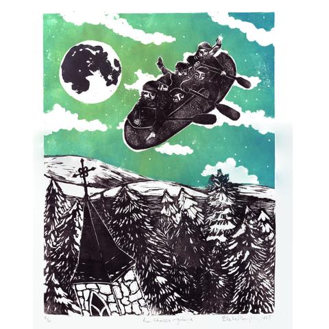 My Lino block print shows a night sky with moon and clouds and flying canoe full of paddling voyageurs over rolling countryside with fields and trees covered in snow and a church steeple in the foreground. The moon is covered with grey craters and shadows. The sky with scattered clouds is in a range of golden-green near the moon to minty bluish-green away from the moon. The foreground, canoe and its occupants are in black. The numbered 11”x14” print is titled “La Chasse-galerie” and signed Ele Willoughby 2025.