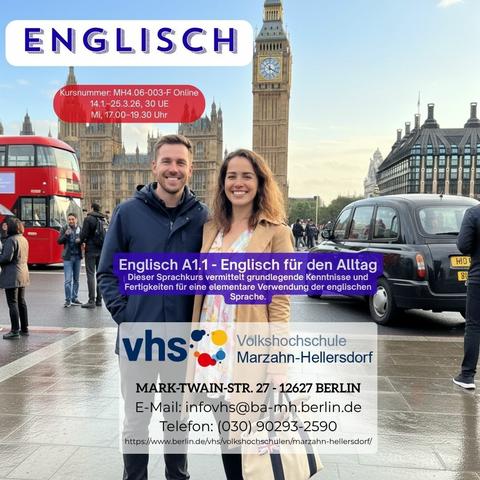 Ein junges Paar unterwegs in London - Englischkurs A1 für Anfänger im Frühjahr 2026 an der VHS Marzahn-Hellersdorf