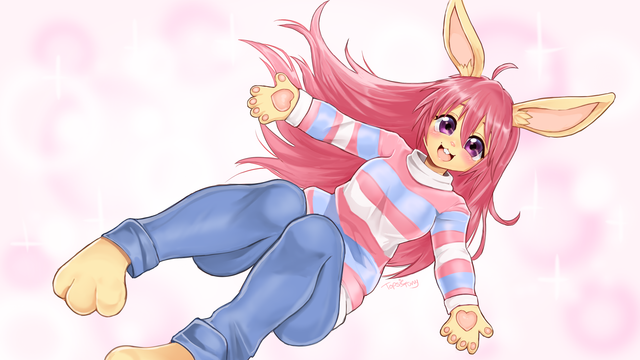 drawing featuring my sona, that goes by the same name as me (Valeria)
She's smiling happily and floating over a pink-ish background.
She has pink hair, light brown skin, purple eyes and her bunny ears :3
She's wearing a very comfy shirt with the trans flags color on it, and blue jeans. She's barefoot.
She looks like she wants to give you all a hug awawa
