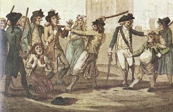 1780 Caricature of a press gang, showing soldiers and workers with cudgels attacking other workers