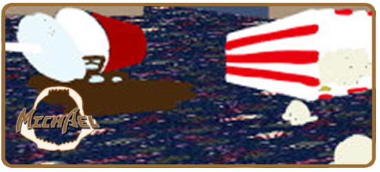 A popcorn container sit on its side while the popcorn spills onto a busy carpet pattern.