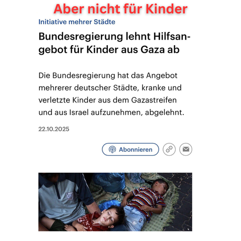 Ein Screenshot eines Nachrichtenartikels. In roter Schrift steht oben: „Aber nicht für Kinder“. Der Artikel trägt die Überschrift: „Bundesregierung lehnt Hilfsangebot für Kinder aus Gaza ab.“ Darüber steht: „Initiative mehrerer Städte“. Im Text steht, dass die Bundesregierung das Angebot ablehnt, verletzte und kranke Kinder aus dem Gazastreifen und aus Israel aufzunehmen. Unter dem Text ist ein Foto von zwei schlafenden oder bewusstlos wirkenden palästinensischen Kindern, die auf Decken am Boden liegen.