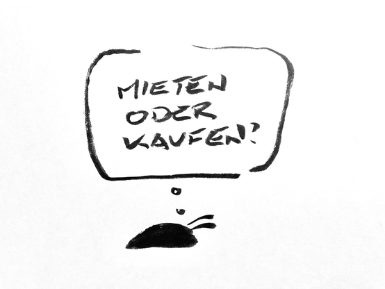 Cartoon aus sehr wenigen Tuschestrichen. Eine Nacktschnecke denkt. MIETEN ODER KAUFEN?