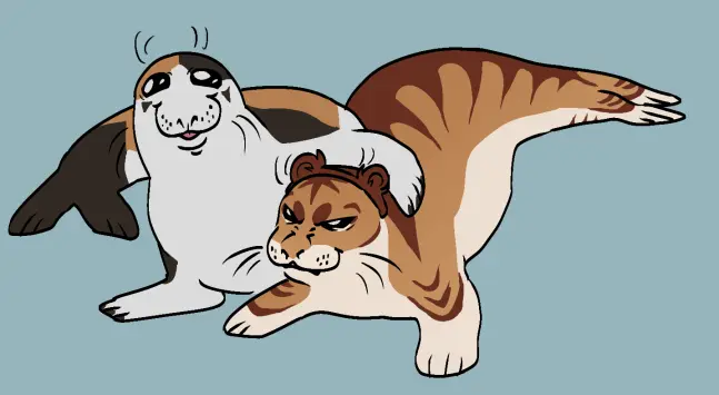 asbestos creature and grisha tiger as seals. calico sealsbestos is very happy with his tongue slightly out, hugging the other golden-tiger coloured seal with his right flipper. the tiger seal is extremely angry and scrunched, he has fake tiger ears on his head. the background is a light dull icy blue.