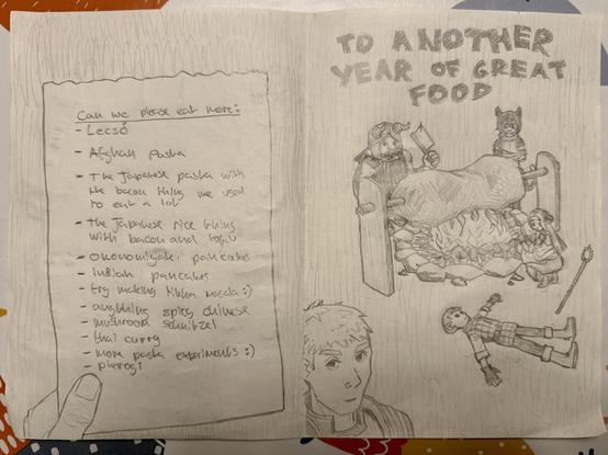 The centre part of the birthday card created by my son. At the left is the list of food he wants to eat more of, at the right some anime characters who are roasting a big piece of something on a spit over a fire.