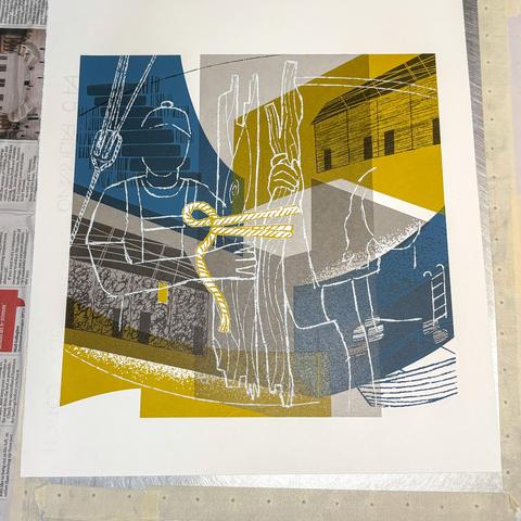 A screenprint called Weathering the Storm which shows an abstract harbour scene with a fisherman and daughter in white outline over.