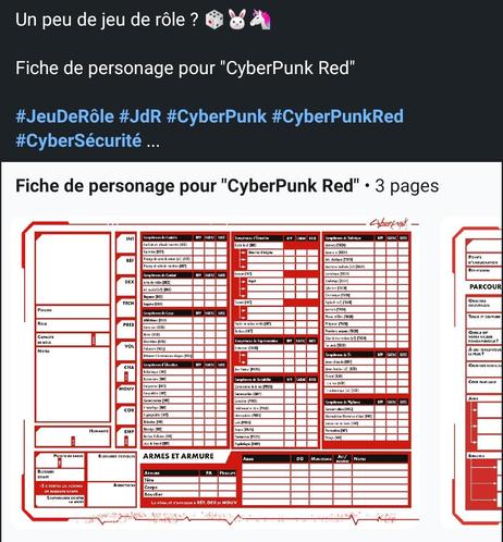 Un peu de jeu de rôle ? 🎲🐰🦄

Fiche de personage pour "CyberPunk Red"

#JeuDeRôle #JdR #CyberPunk #CyberPunkRed #CyberSécurité ... https://www.linkedin.com/posts/gabriel-chandesris_fiche-de-personage-pour-cyberpunk-red-activity-7396249977888333824-g1d5