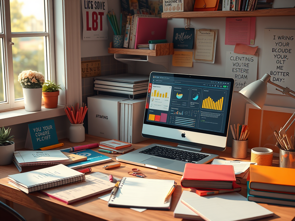 Modern workspace with computer displaying data graphs, surrounded by books, notes, and office plants near a sunny window.