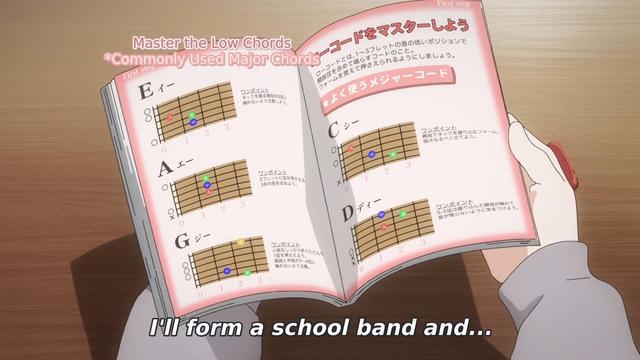 The girl is looking at a book on how to learn the chords on a guitar. She is making plans to start a school band