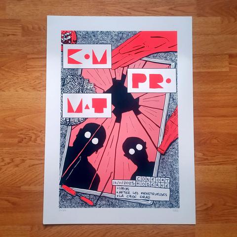 Photo de l'affiche.
Deux personnes en silhouettes, qu'on devine être Rebeka Warior et Vitalic, en reflet dans un miroir brisé.  Leurs yeux sont 2 grands trous blancs se détachant du reste.
Autour du miroir quelques éléments en rouge, des lunettes, des gants, une bouteilles de bière, un cendrier, un keffieh.
En avant plan dans des blocs, le nom du groupe dans une typo très stylisée et les infos sur la soirée.