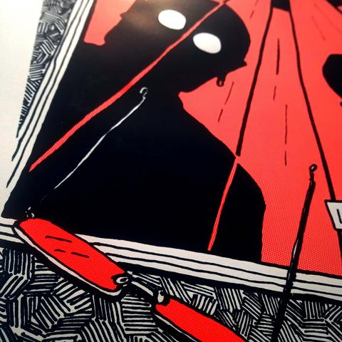 Détail de l'affiche, l'autre silhouette, en avant plan les lunettes posées sur le miroir.