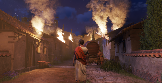 Ein römischer Edelmann steht in einer Straße zwischen römischen Insulae. Die Gebäude brennen lichterloh.