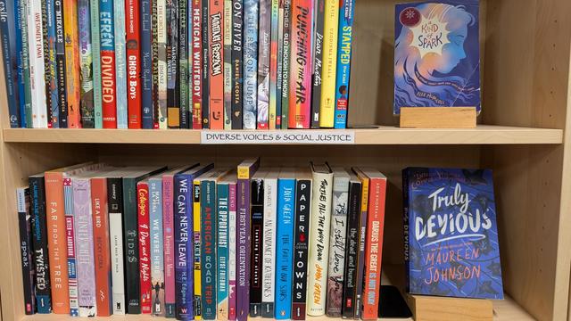 A photo of a bookshelf showing several young adult books; Truly Devious by Maureen Johnson is turned face out, as is A Kind of Spark by Elle McNicoll