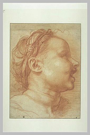 Dessin à la sanguine (rouge orangé) d'une tête d'enfant, vue de profil, tournée vers la droite. Au centre de l'image, l'oreille et la joue rebondie ; quelques traits représentent les cheveux ; la bouche est ouverte et le cou esquissé