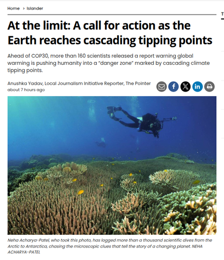 A headline from the Victoria Times Colonist, reading "At the limit: A call for action as the Earth reaches cascading tipping points", with a photo of a scuba diver swimming past a coral reef