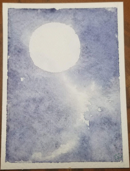 Watercolor of a full moon glowing in partly-cloudy night sky.